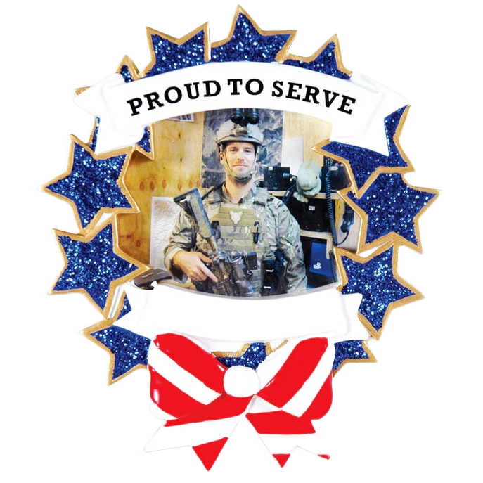 Personalized military photo ornament with glittery blue stars and patriotic red bow for Christmas tree decorations under $50 collection