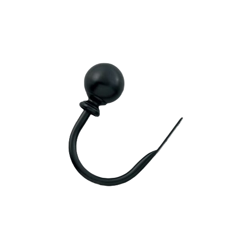 Black metal window holdback with decorative round ball end for home improvement and window treatment use