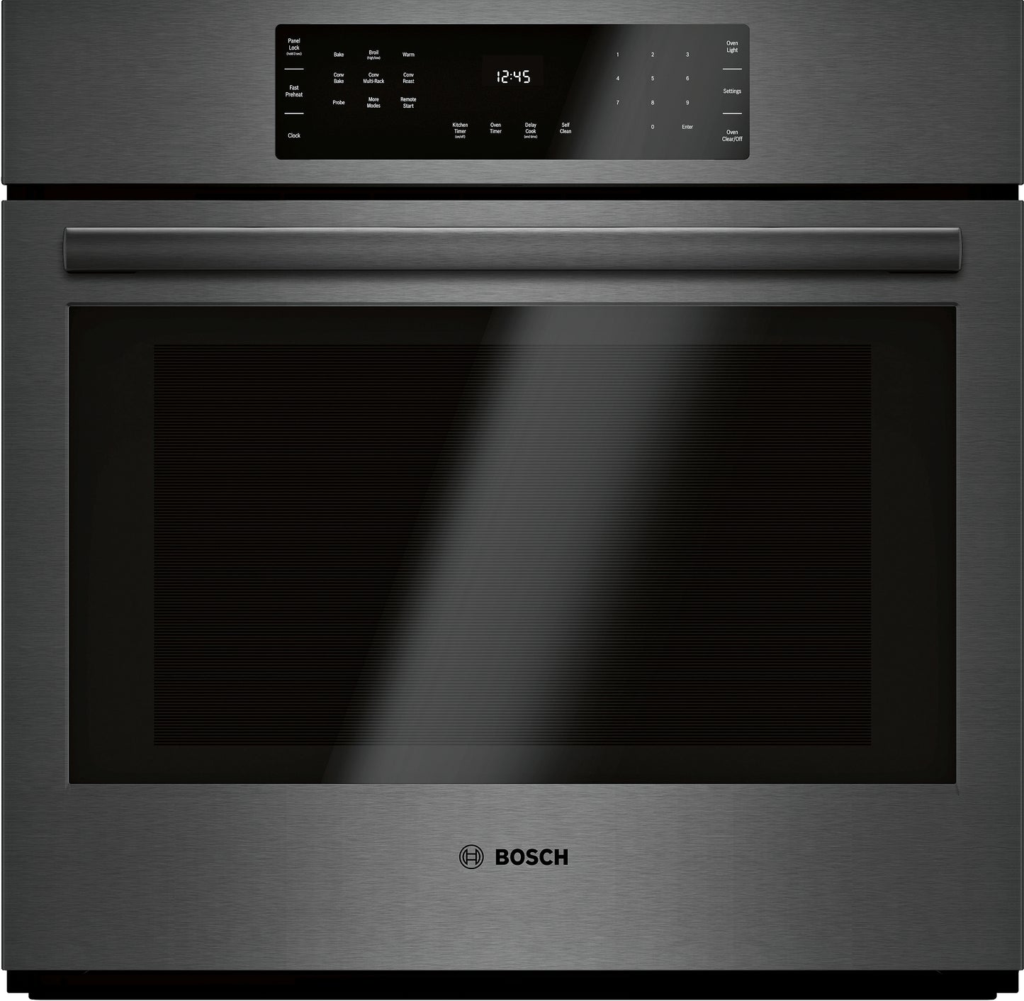 Black stainless steel 30-inch single wall oven with digital touch control panel from Bosch kitchen appliances collection