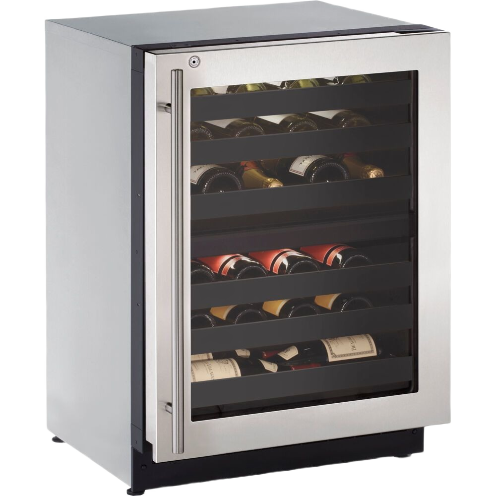 Stainless steel wine cooler with lock, glass door, wooden shelves, and right-hinged handle in appliances collection