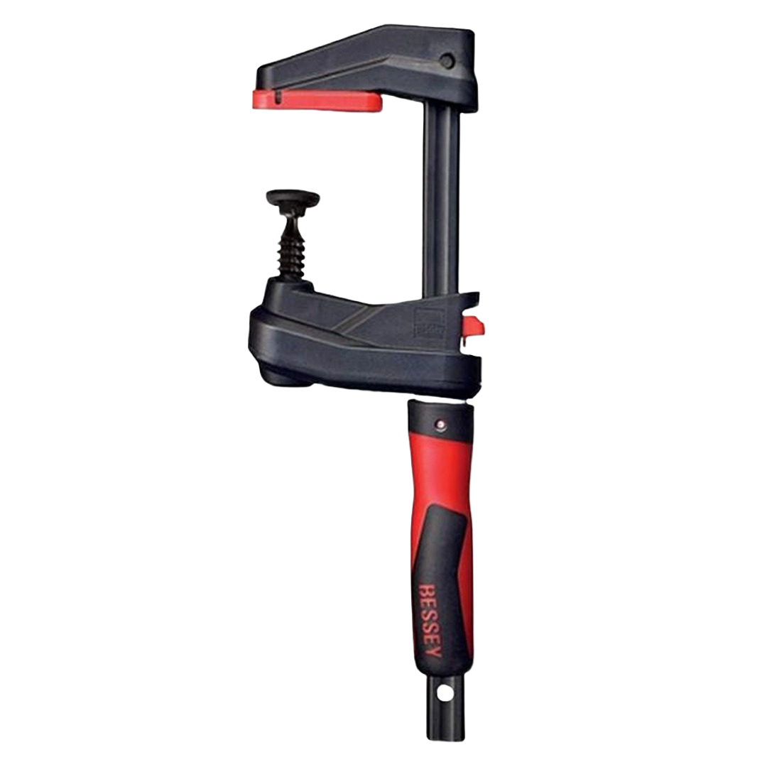Black and red ergonomic bar clamp with quick-release lever designed for precise woodworking and home improvement tasks