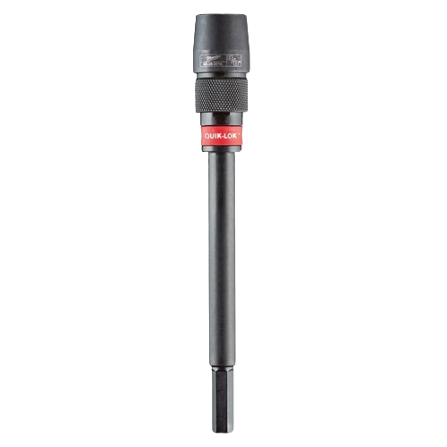 Black and red Milwaukee hole saw extension with QUIK-LOK feature, tool accessory for woodworking tools under $50 collection