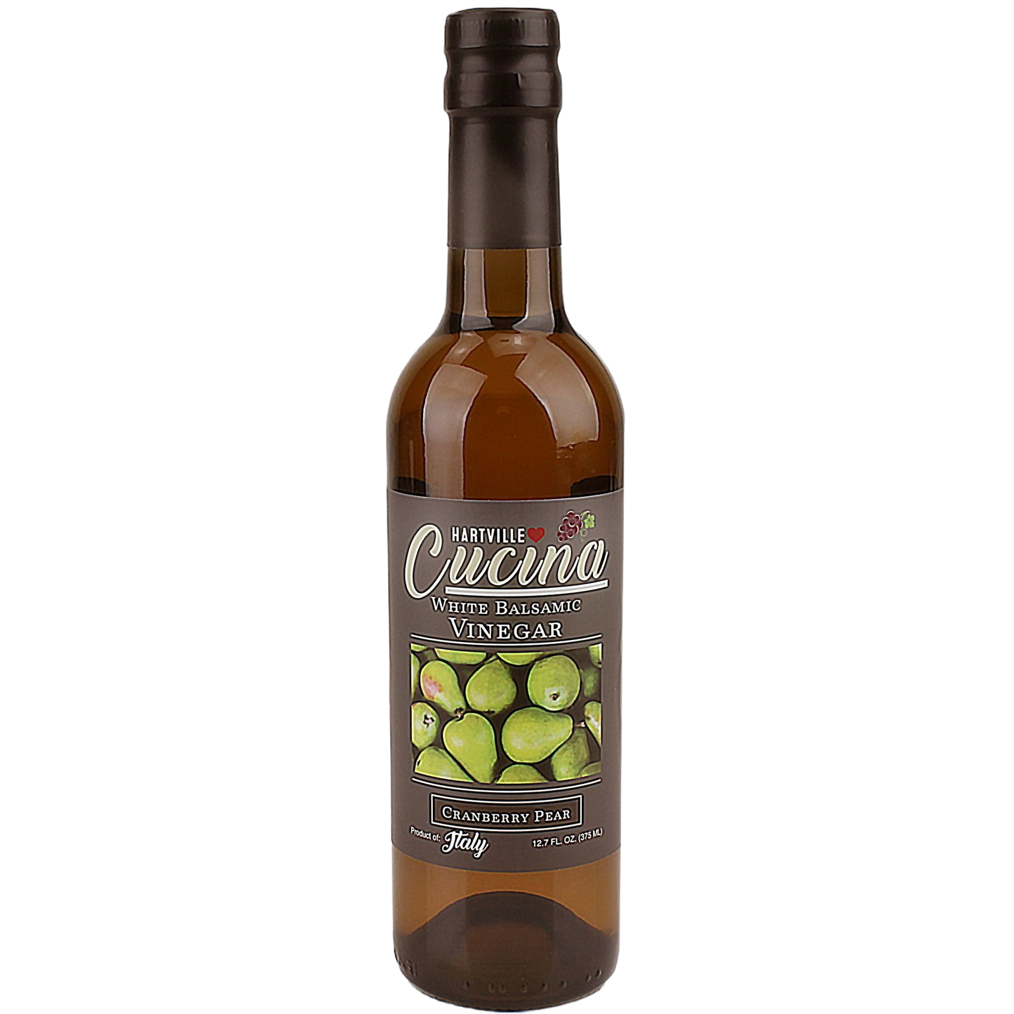 Bottle of Hartville Cucina white balsamic vinegar with cranberry pear flavor and label showing pears