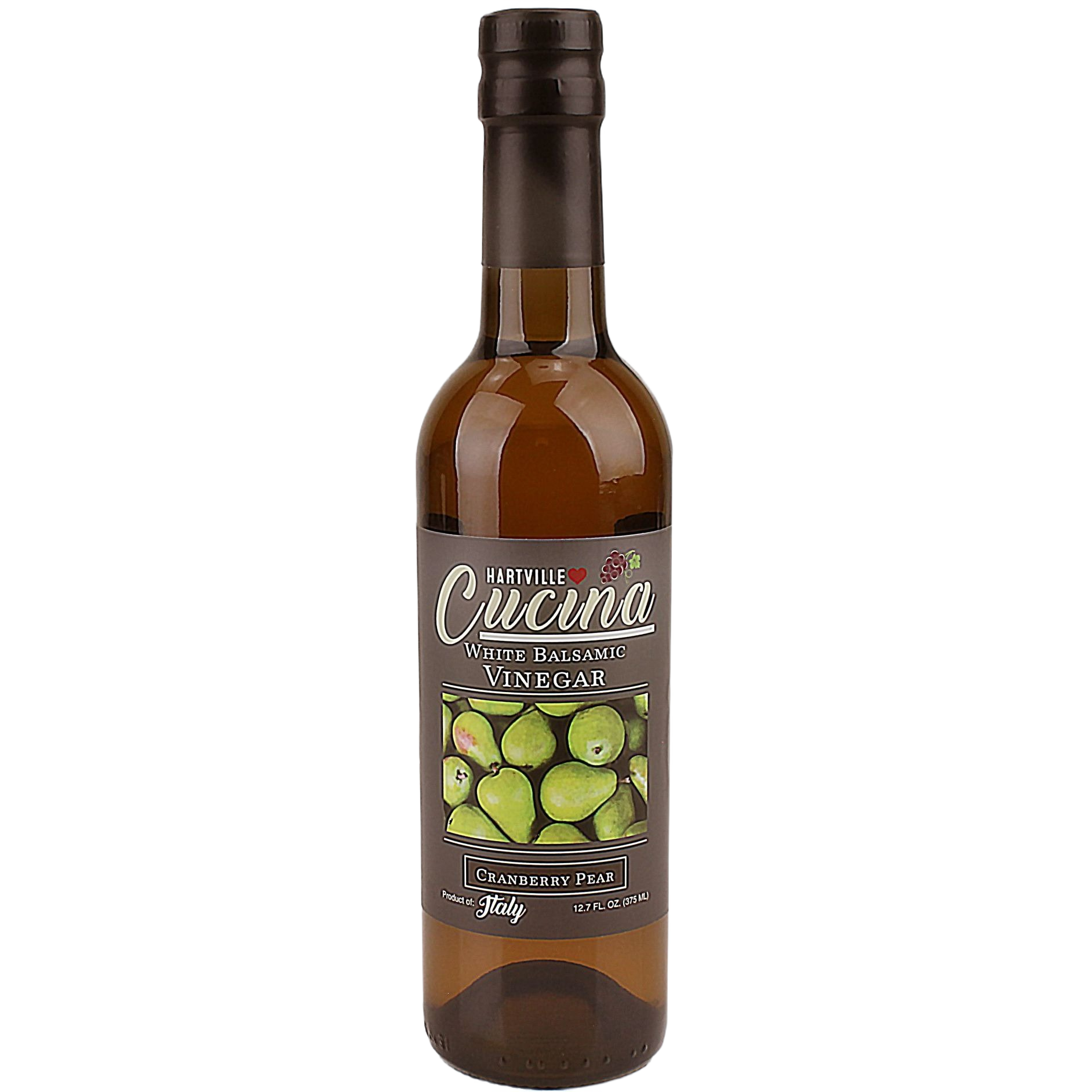 Bottle of Hartville Cucina white balsamic vinegar with cranberry pear flavor and label showing pears