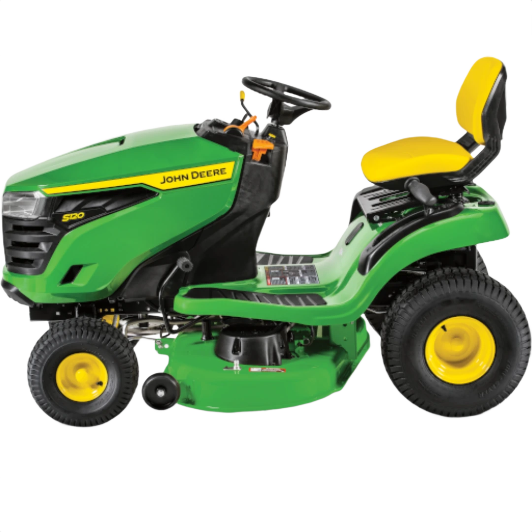 Green and yellow John Deere riding mower with ergonomic seat and controls for tools and home improvement tasks