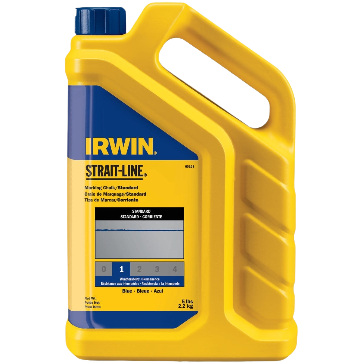 Yellow plastic container of blue standard marking chalk for chalk lines in woodworking and measuring tools collection