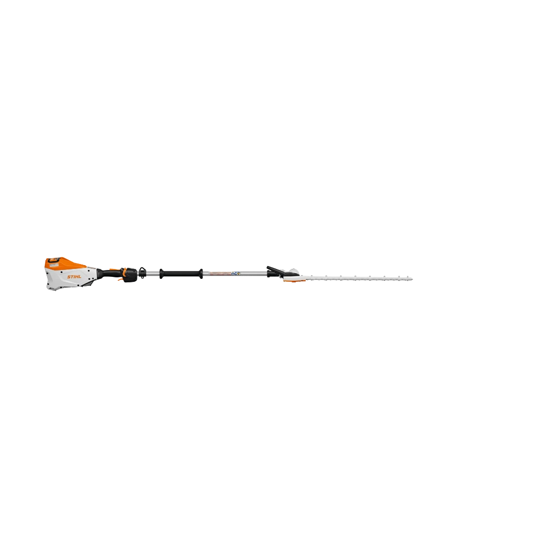 Battery-powered extended-reach hedge trimmer with adjustable 145-degree head for home improvement tasks