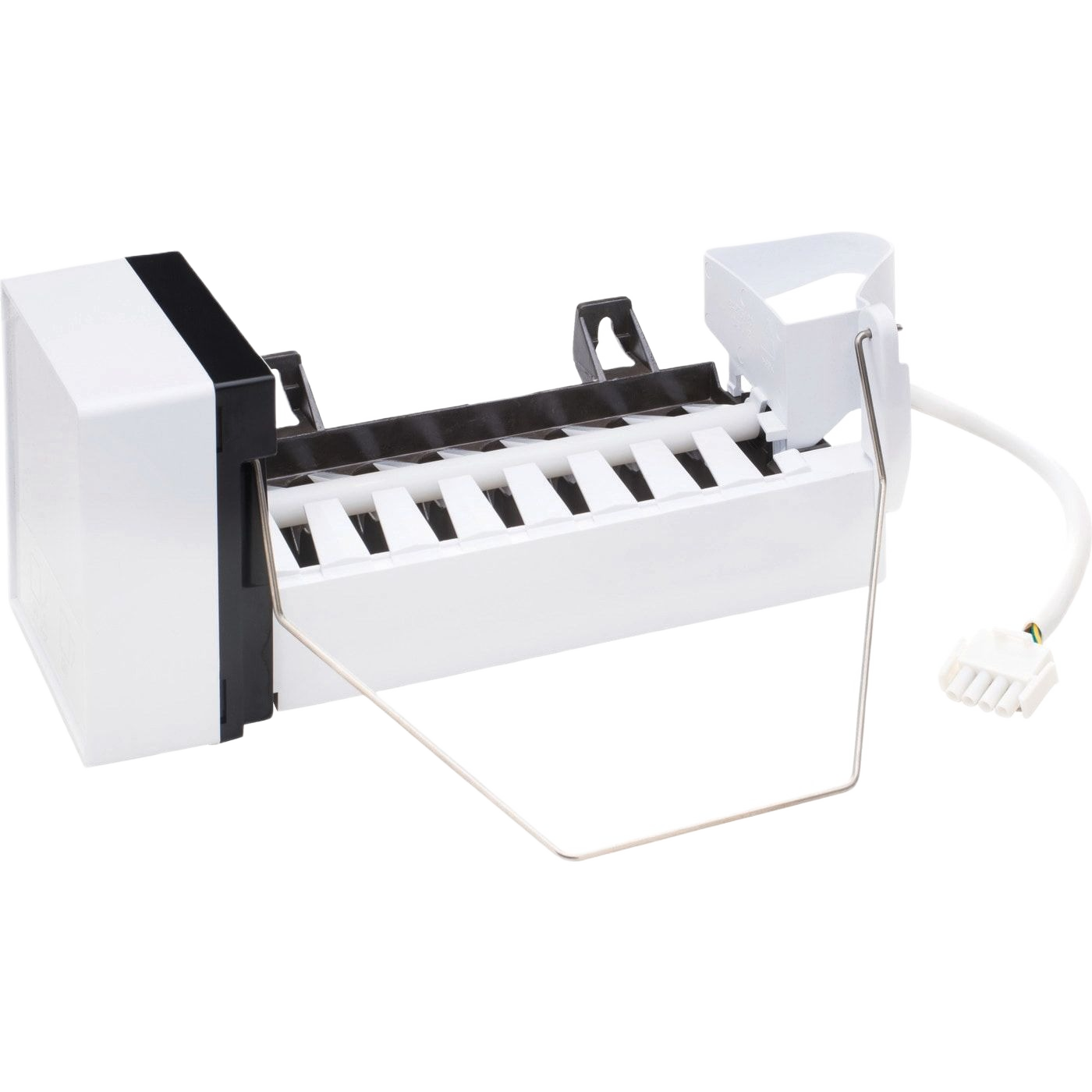 White and black ice maker kit assembly with attached wiring and metal support for French door refrigerators
