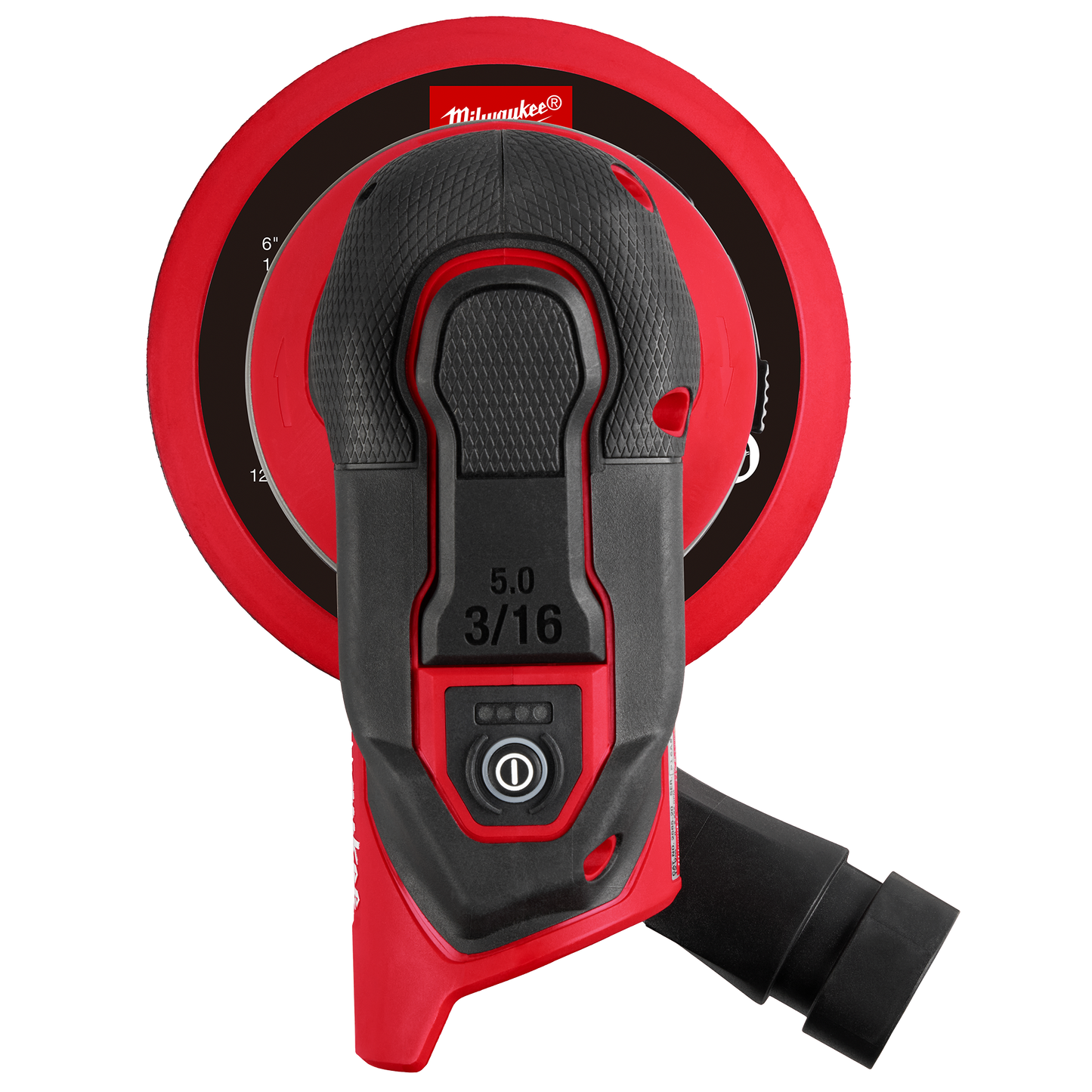 Red and black cordless 6-inch random orbital sander with textured grip and dust port for home improvement projects