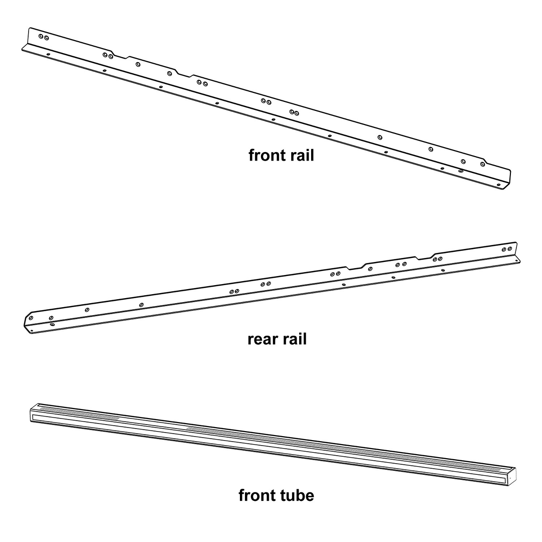 Set of metal T-Glide rails and front tube for woodworking power tools in a technical line drawing style