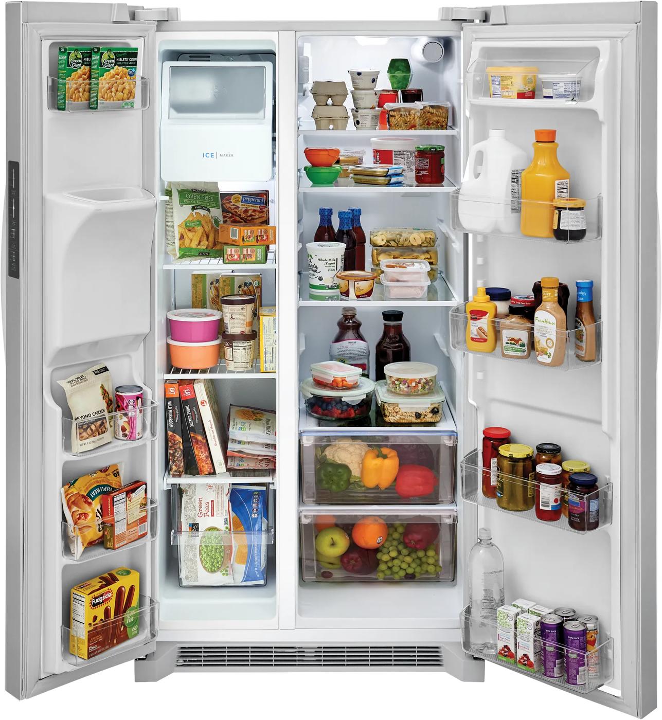 26 Cu. Ft. white side-by-side refrigerator with organized shelves stocked with groceries for kitchen appliances and home improvement