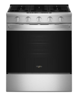 Front view of stainless steel 30-inch gas range with six control knobs and large oven window from Ranges & Kitchenware collection