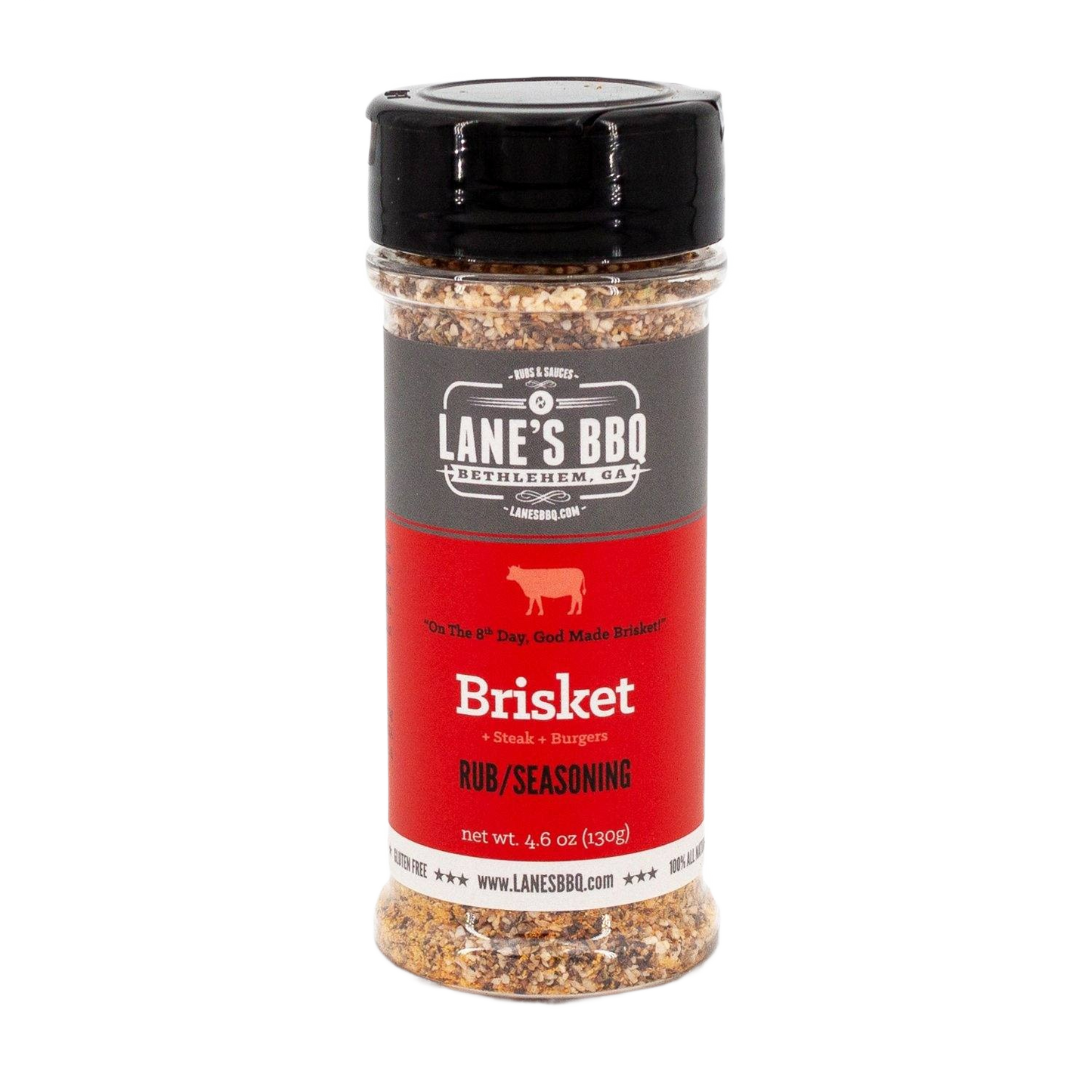 Clear plastic bottle of Lane's Brisket Rub with black lid in grilling sauces and spices collection under $50