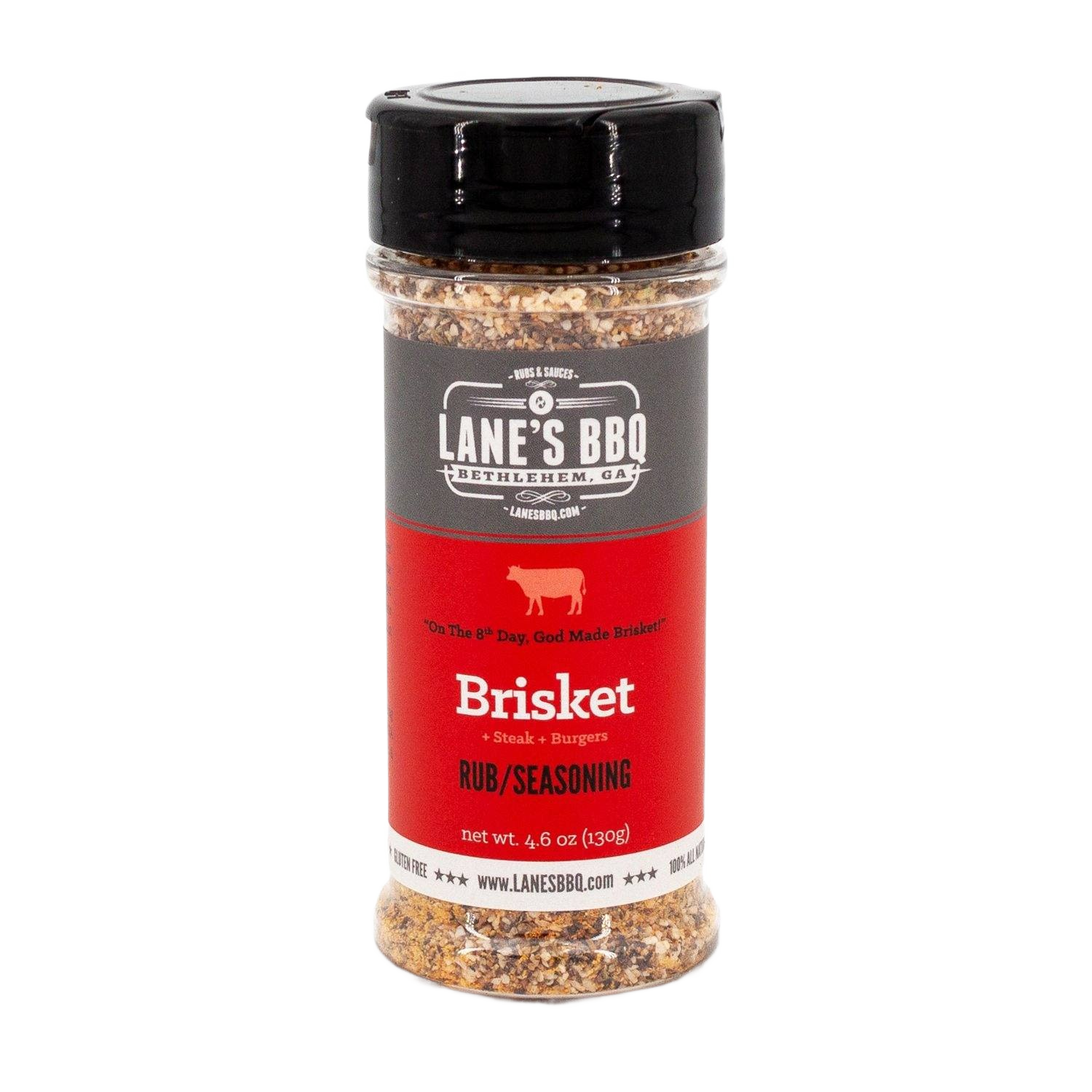 Clear plastic bottle of Lane's Brisket Rub with black lid in grilling sauces and spices collection under $50