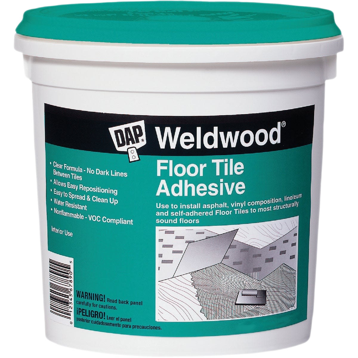 White plastic container of DAP Weldwood floor tile adhesive with teal label for flooring and home improvement projects