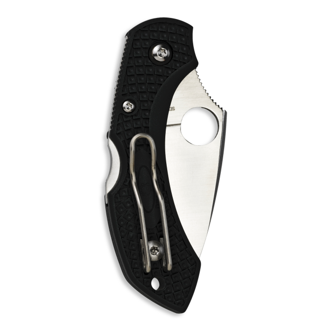 Compact black-handled Spyderco pocket knife with plain edge blade, ideal for cutting and woodworking hand tools under $100 collection