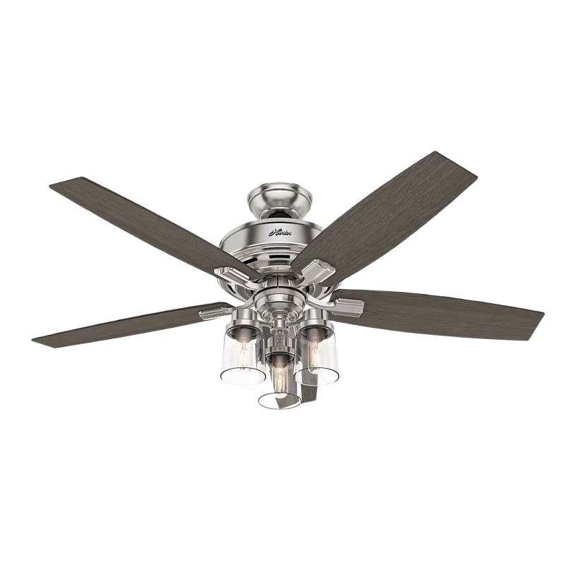 Brushed nickel ceiling fan with five light gray oak blades and three glass lights, ideal for indoor lighting and decor