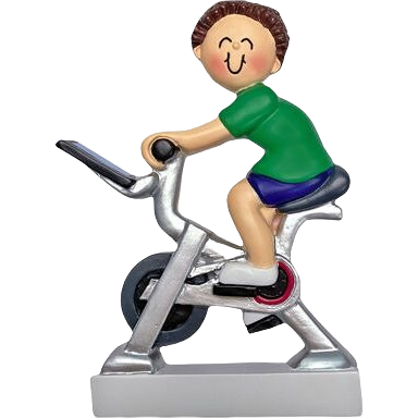 Brunette male figurine riding silver stationary bike in green and blue for Christmas tree decorations under $50 collection