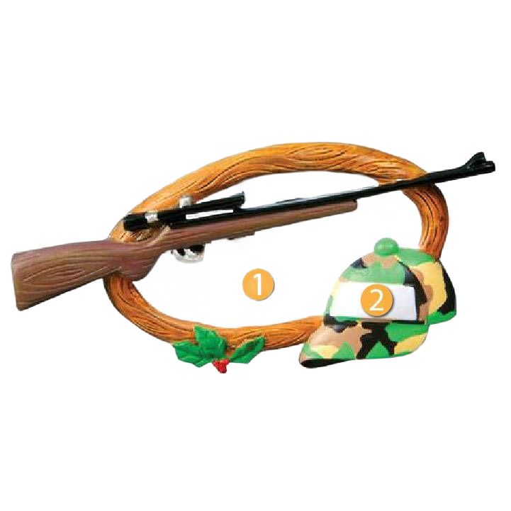 Hunting-themed ornament with wood-texture rifle and camouflage cap with holly accent from Christmas Ornaments collection under $50