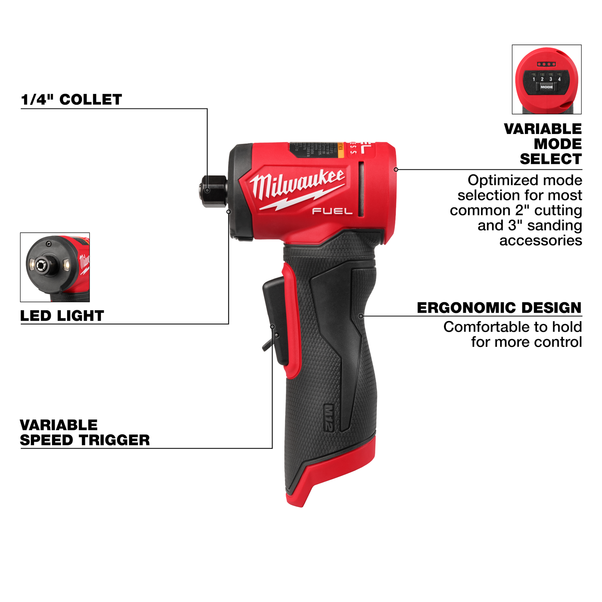 Red and black cordless right angle die grinder with LED light, variable speed trigger, and ergonomic grip for tools and home improvement
