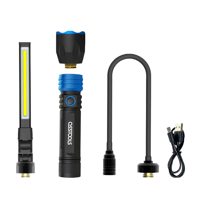 Compact multi-use LED flashlight kit with three interchangeable heads and USB charging cable for home improvement tools.