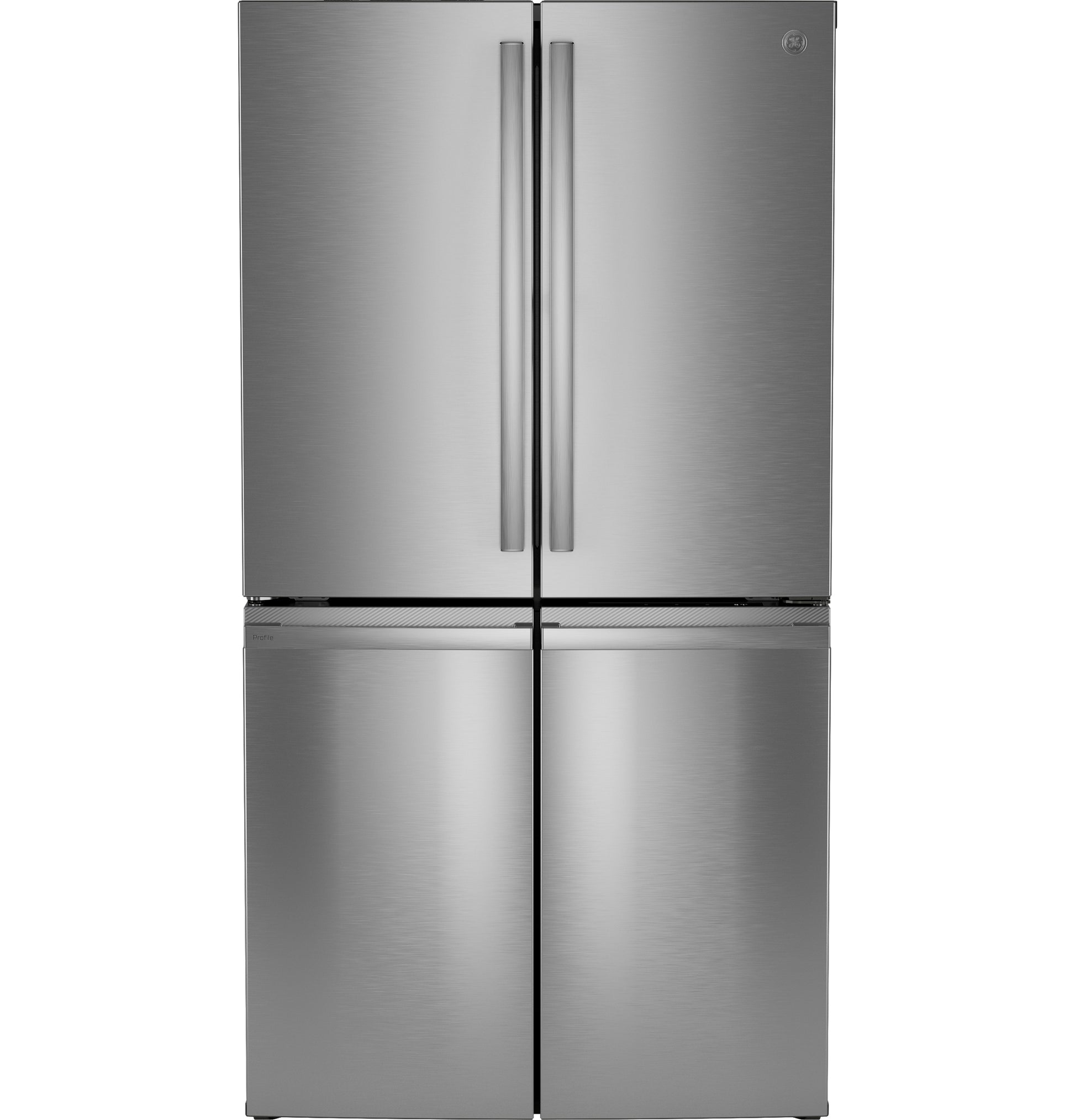 Stainless steel quad-door refrigerator with vertical handles in kitchen appliances and refrigerators collections
