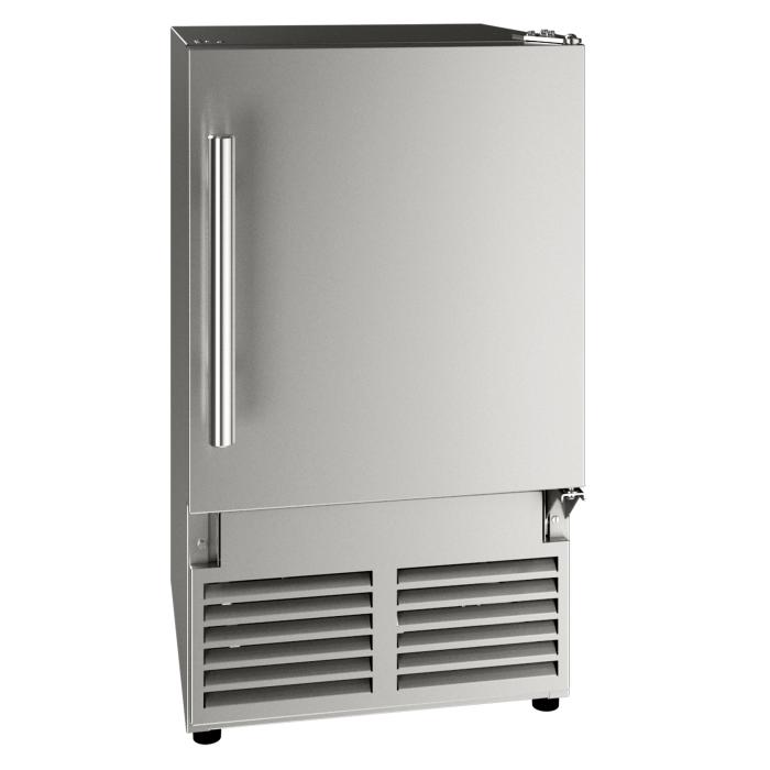 Stainless steel crescent ice maker with vertical handle and vented lower front panel in kitchen appliances collection