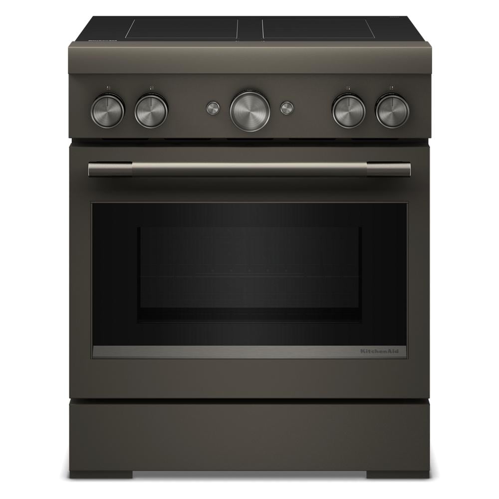 30-inch freestanding induction range with four control knobs and convection oven in dark stainless steel finish