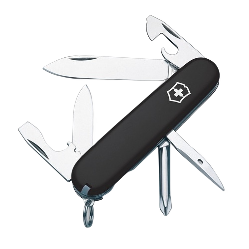 Black multifunctional pocket knife with stainless steel tools, suitable for cutting and woodworking hand tools collections.