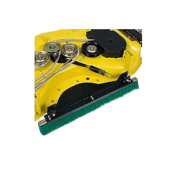 Yellow mower deck with attached green bristle grass groomer brush, for tool accessories and lawn care tasks