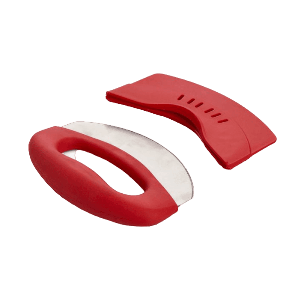 Red soft-grip rocking herb chopper with stainless steel blade and protective cover for kitchen utensils and cookware collections under 50