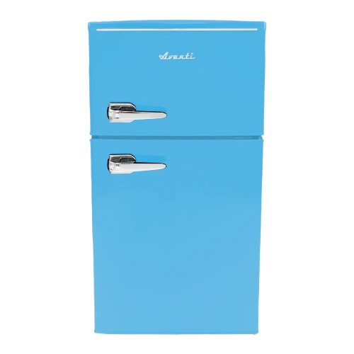 compact blue retro-style refrigerator with chrome handles ideal for mini refrigerators and kitchen appliances