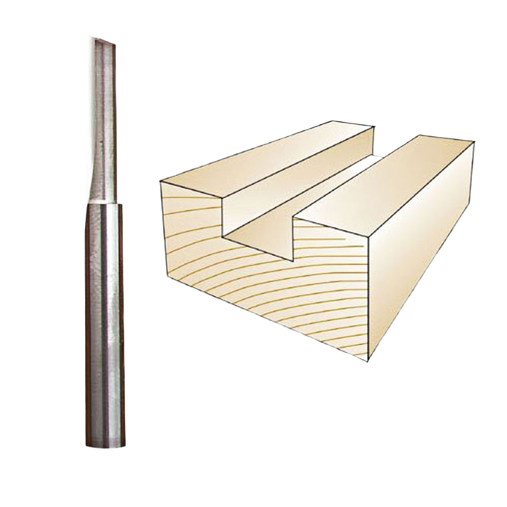 Solid carbide straight bit and illustration of woodworking groove cut for tool accessories and power tool collections