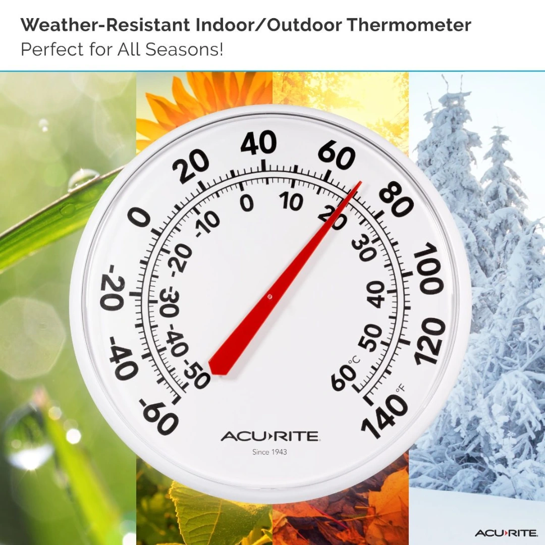 AcuRite round weather-resistant thermometer measuring temperature in Fahrenheit and Celsius for home improvement use