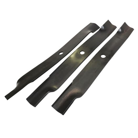 Set of three high lift mower blades with central holes designed for lawn maintenance and outdoor tools use