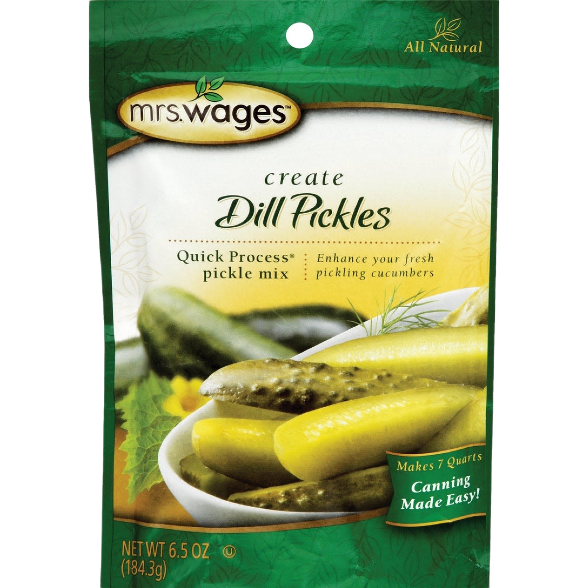 Green and white pouch of Mrs. Wages dill pickling mix for quick homemade pickle preparation and canning use