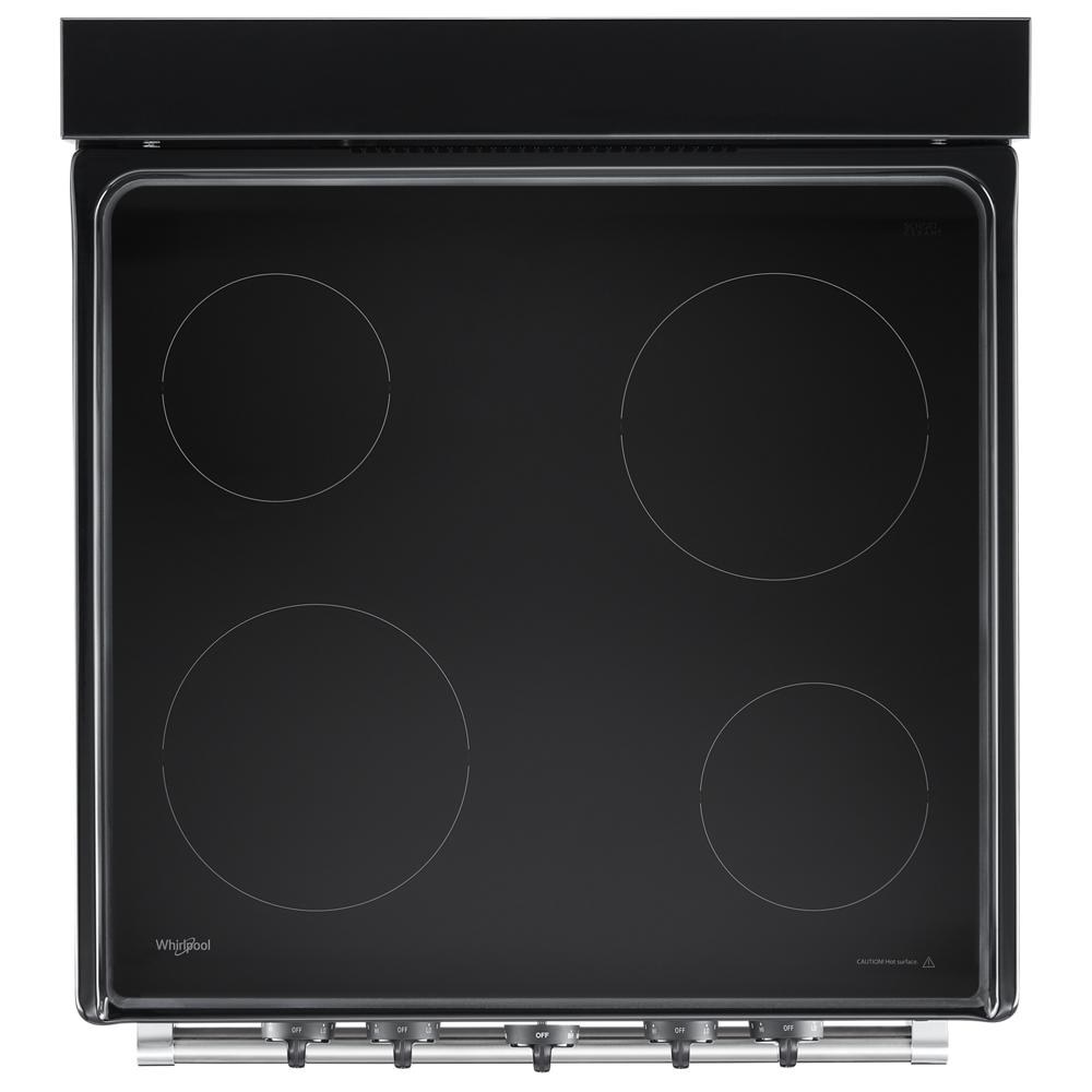 Black smooth freestanding electric range cooktop with four burners and front control knobs for kitchen appliances and home improvement