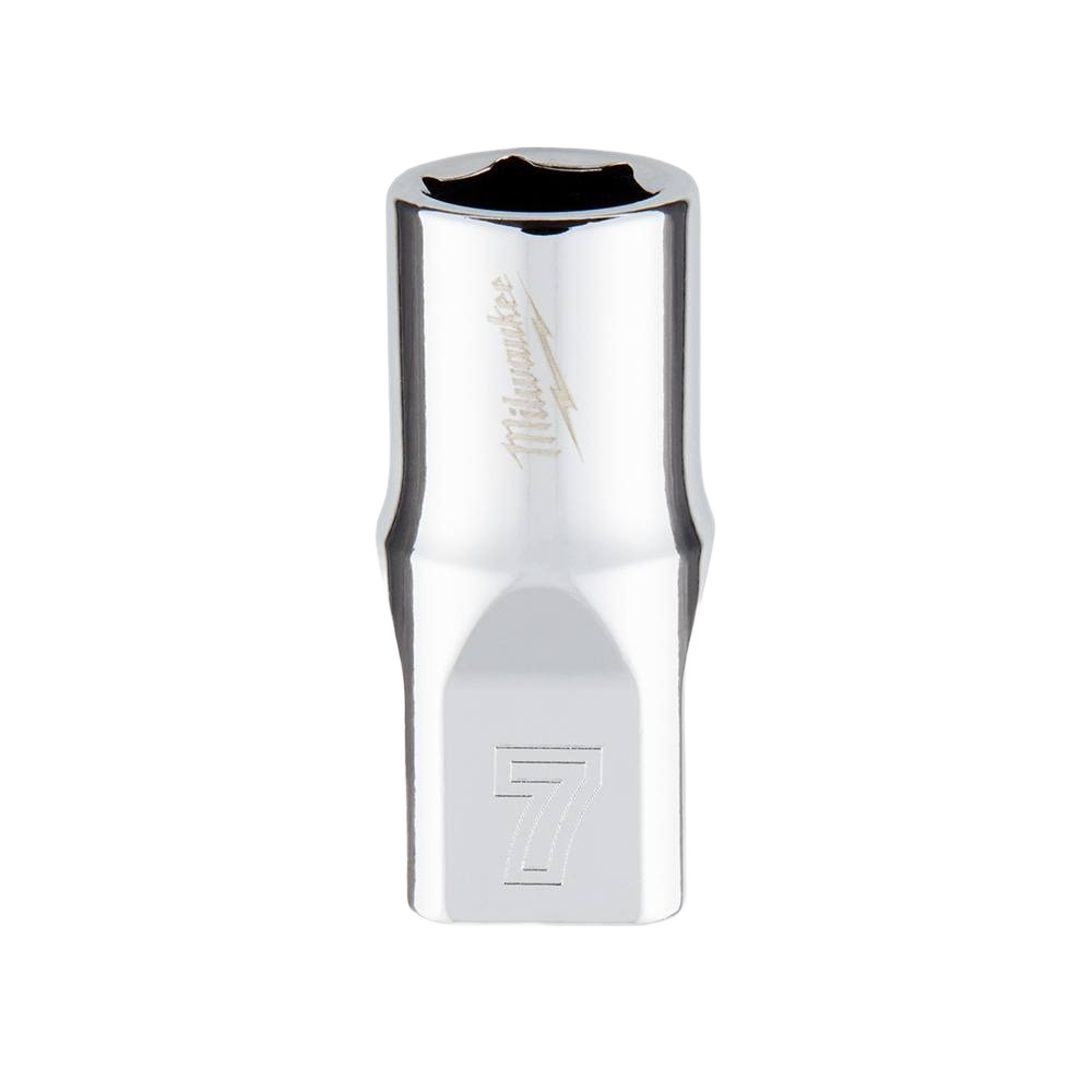 Chrome-finished 7-mm 6-point socket with anti-roll design, part of Milwaukee hand tools for woodworking and home improvement.