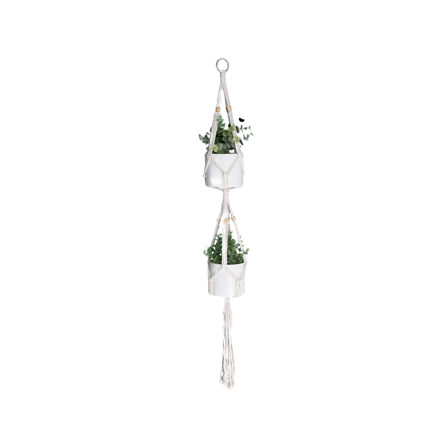 Natural cotton macrame hanger holding two white pots with greenery for home accents and decor collection under 50