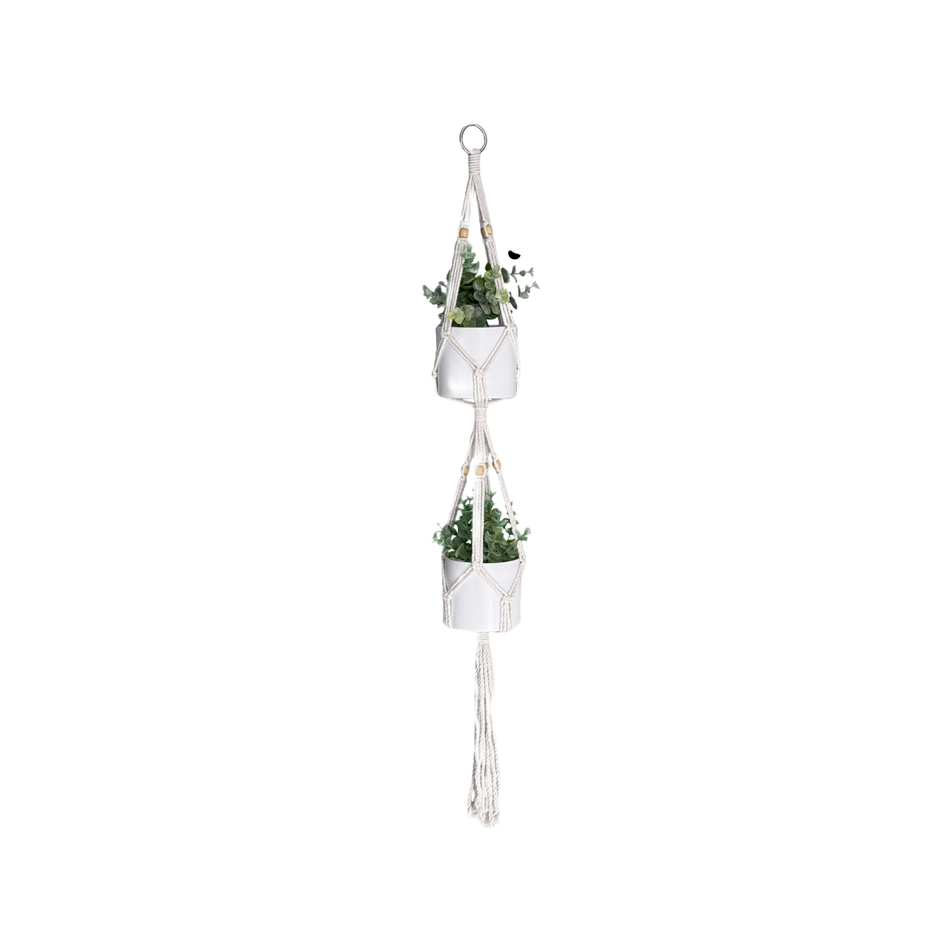 Natural cotton macrame hanger holding two white pots with greenery for home accents and decor collection under 50