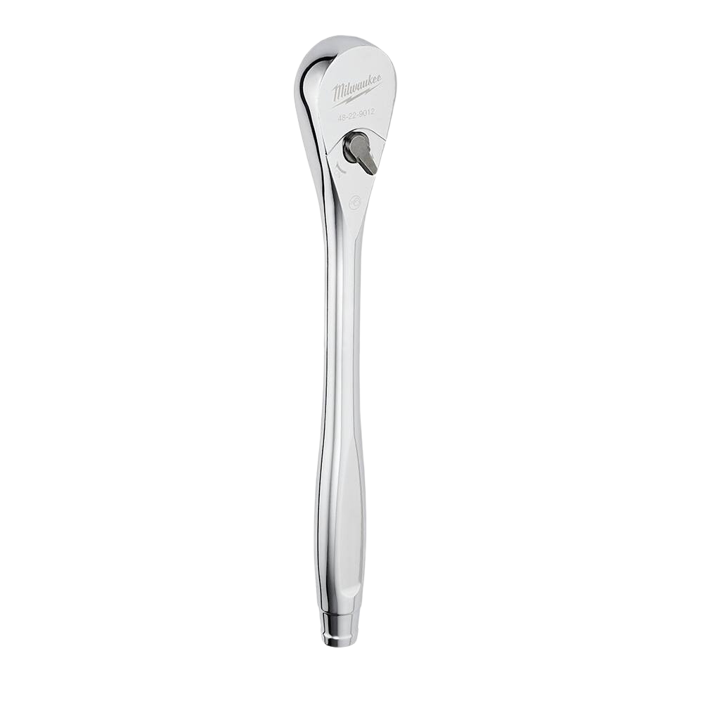 Polished metal 1/2-inch drive ratchet with 90-tooth gear mechanism for precise turning in tools and home improvement