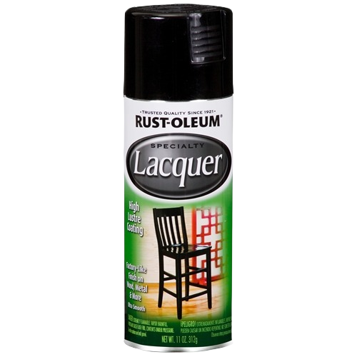 Black lacquer spray can with high-gloss finish for wood and metal in home improvement projects