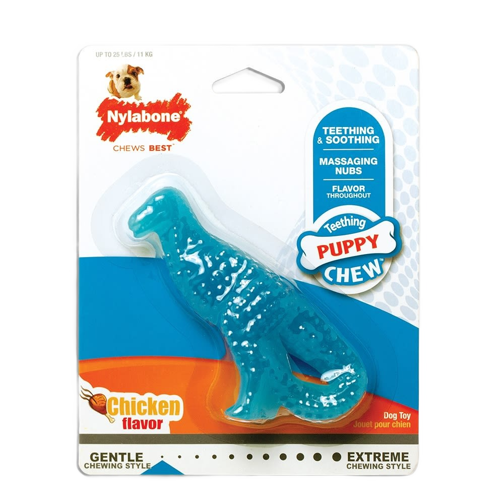 Blue dinosaur-shaped chew toy with textured surface for teething puppies, flavored for gentle to extreme chewing needs