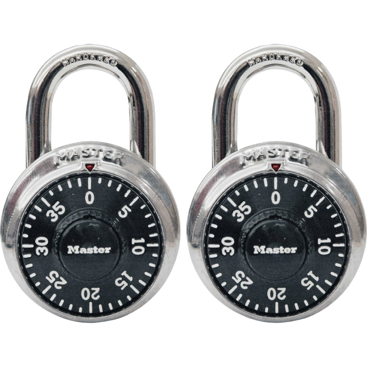 Pair of stainless steel combination padlocks with black dials for secure home improvement and tool storage use