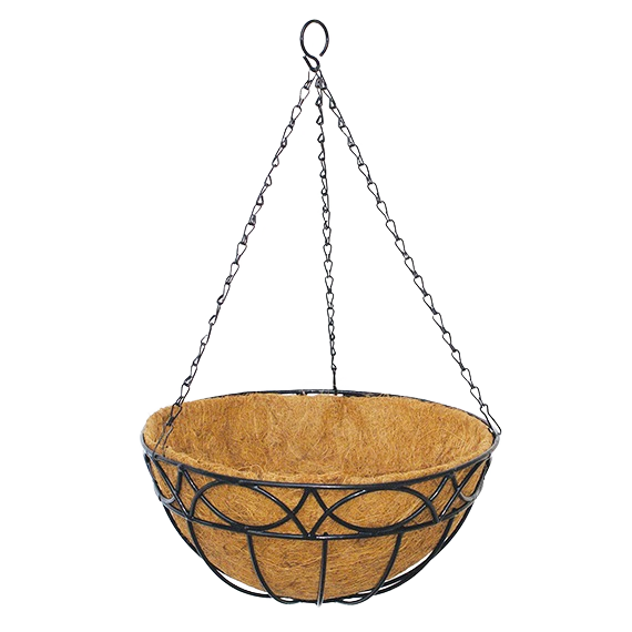 Black metal hanging basket with natural coco liner for outdoor living and garden decor collections
