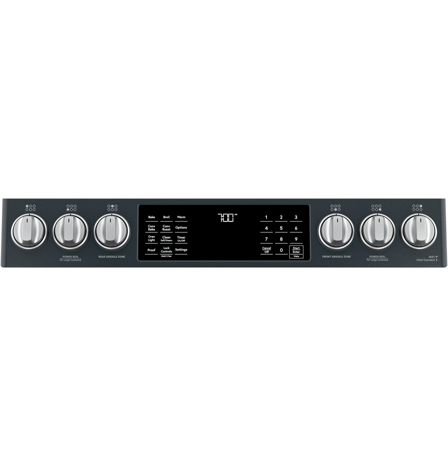 Control panel of black smart slide-in gas range with stainless steel knobs and digital touch display in kitchen appliances collection