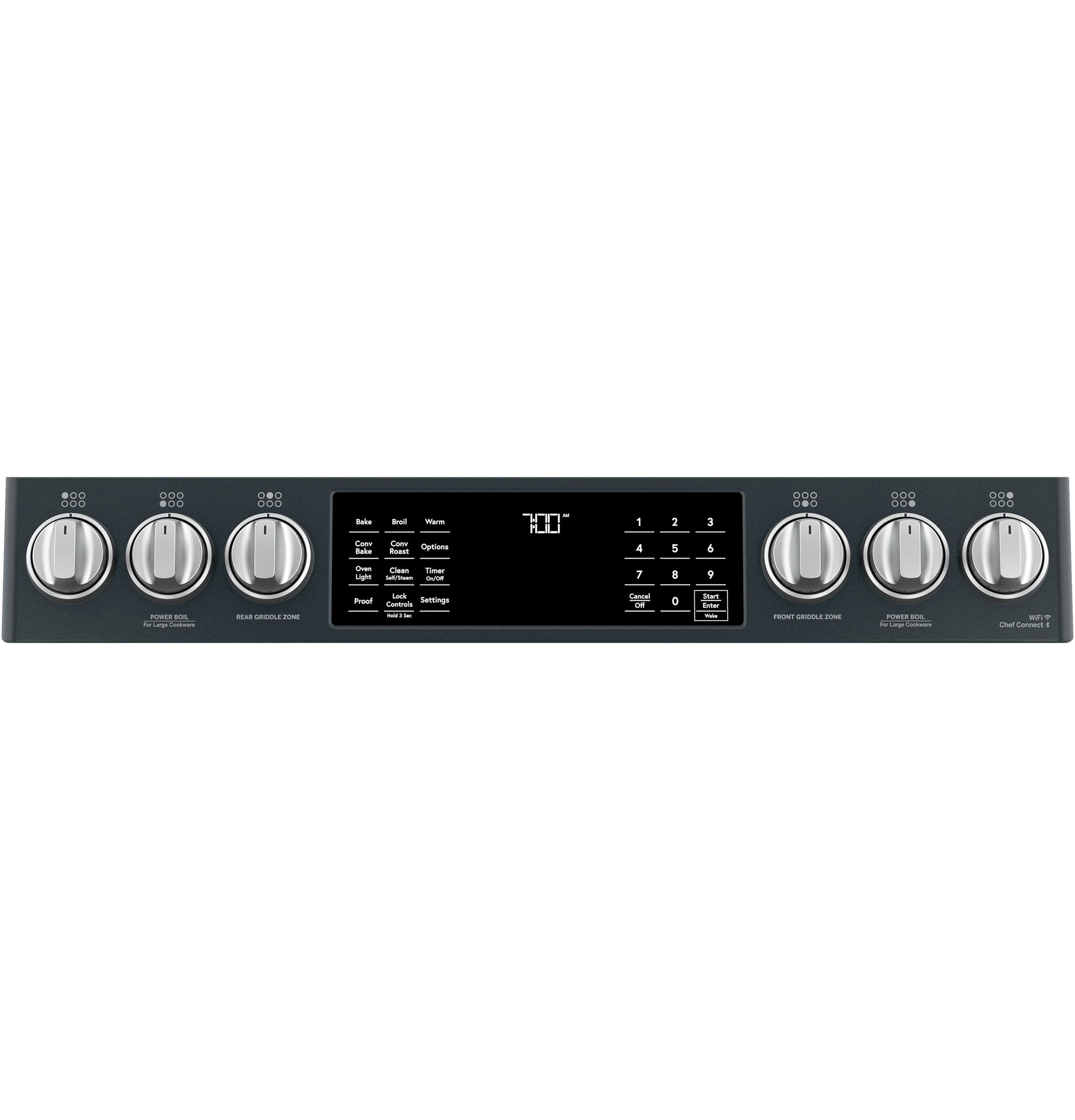 Control panel of black smart slide-in gas range with stainless steel knobs and digital touch display in kitchen appliances collection