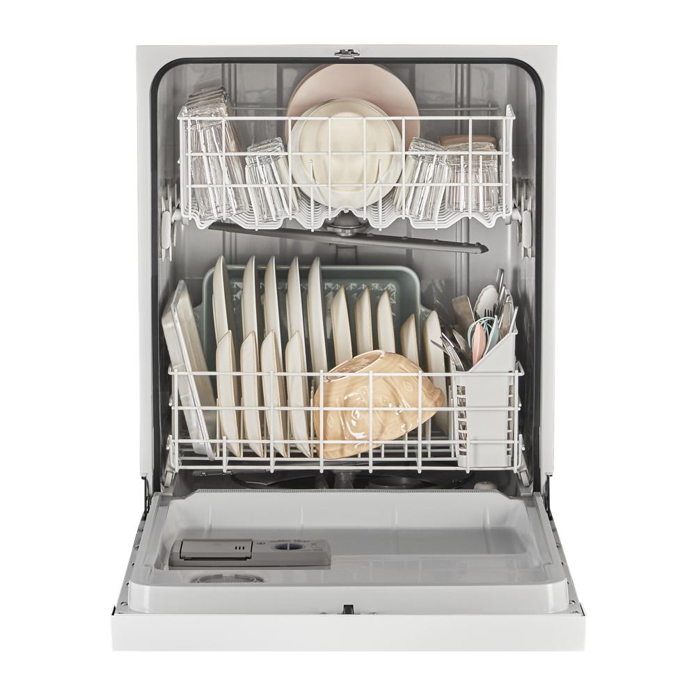 Open quiet dishwasher loaded with clean dishes, glasses, and utensils inside modern kitchen appliances collection