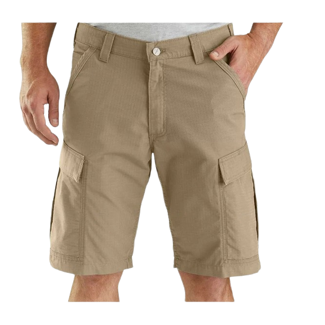 Dark khaki cargo shorts with multiple pockets designed for outdoor and home improvement wear
