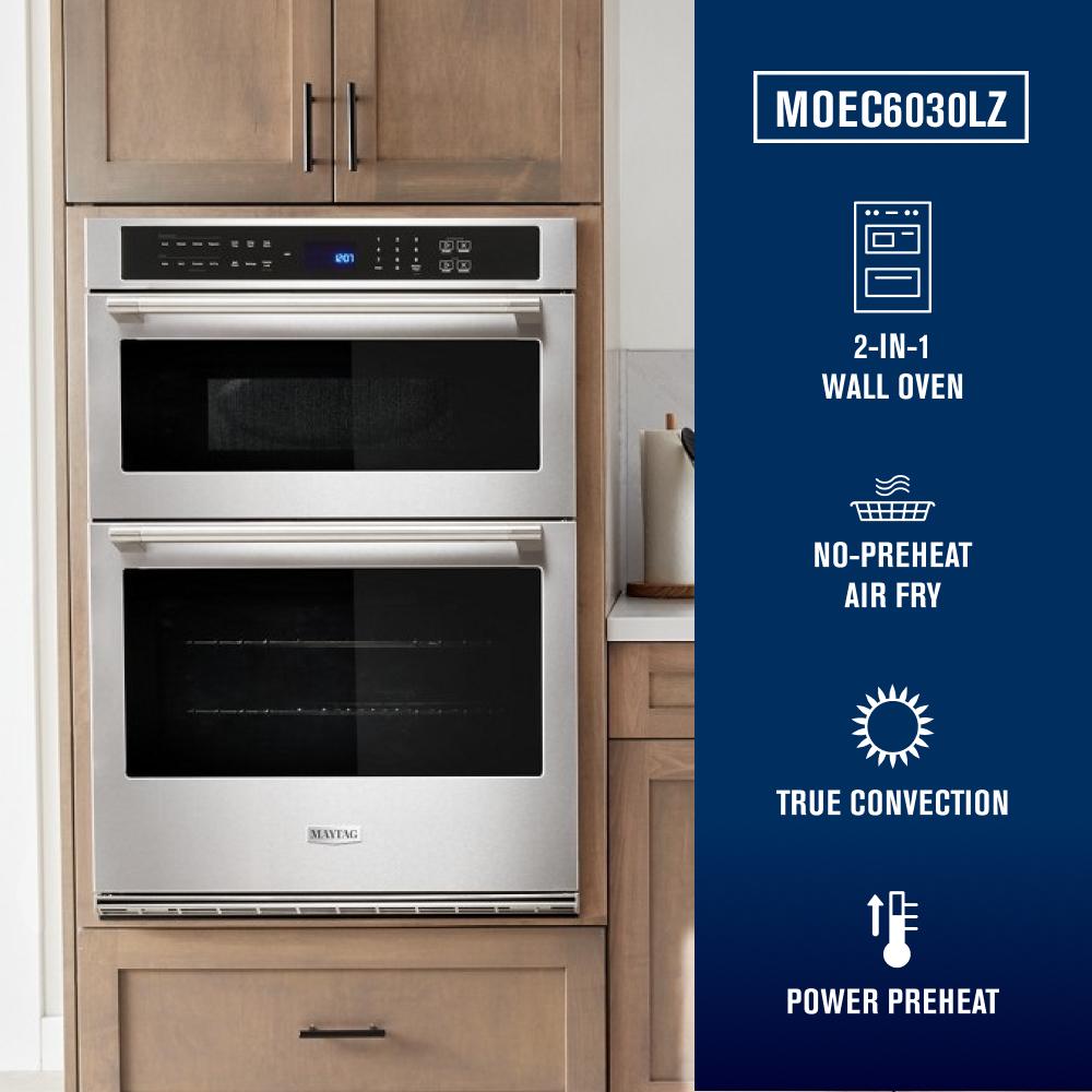 Built-in stainless steel 2-in-1 wall oven microwave combo with air fry, true convection, and power preheat features